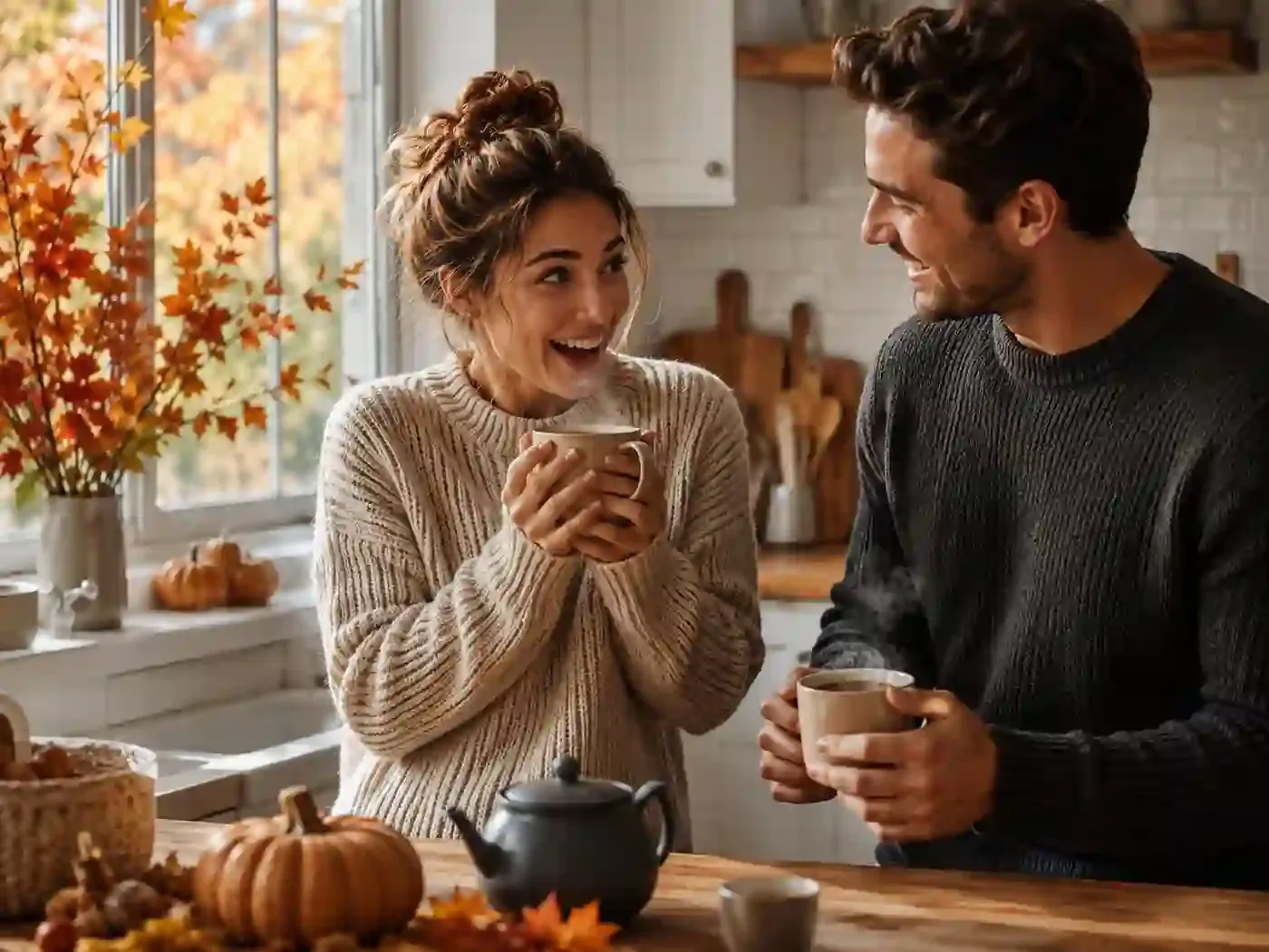 Ein Paar trinkt Tee in einer gemütlichen Küche, umgeben von Kürbissen und Herbstdeko