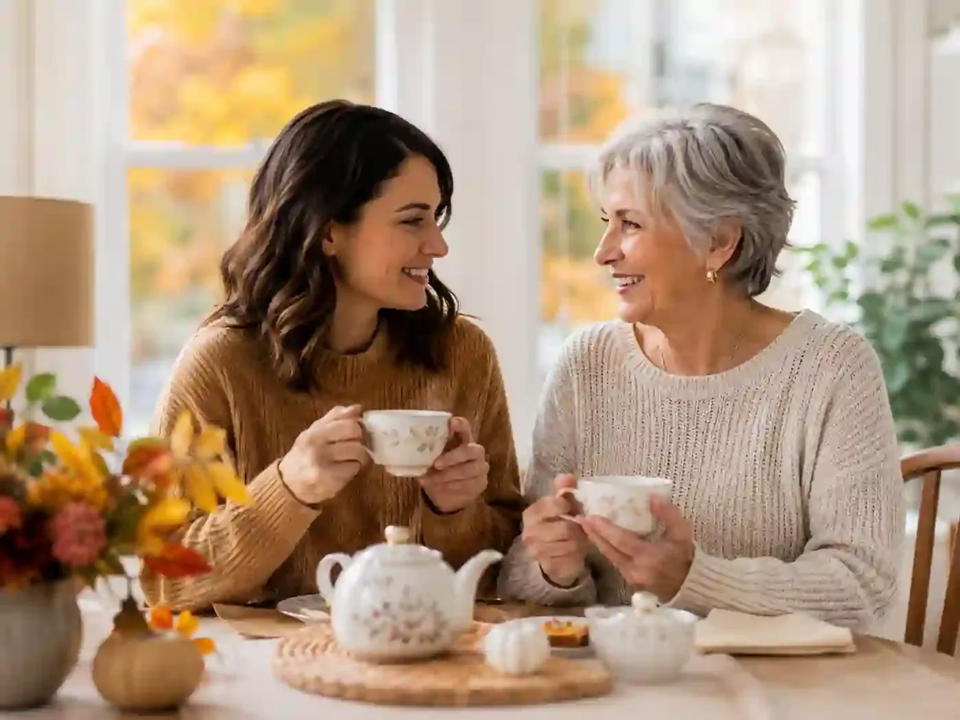 Eine Mutter und ihre Tochter trinken gemeinsam Tee aus einem Blumenmuster-Teeservice
