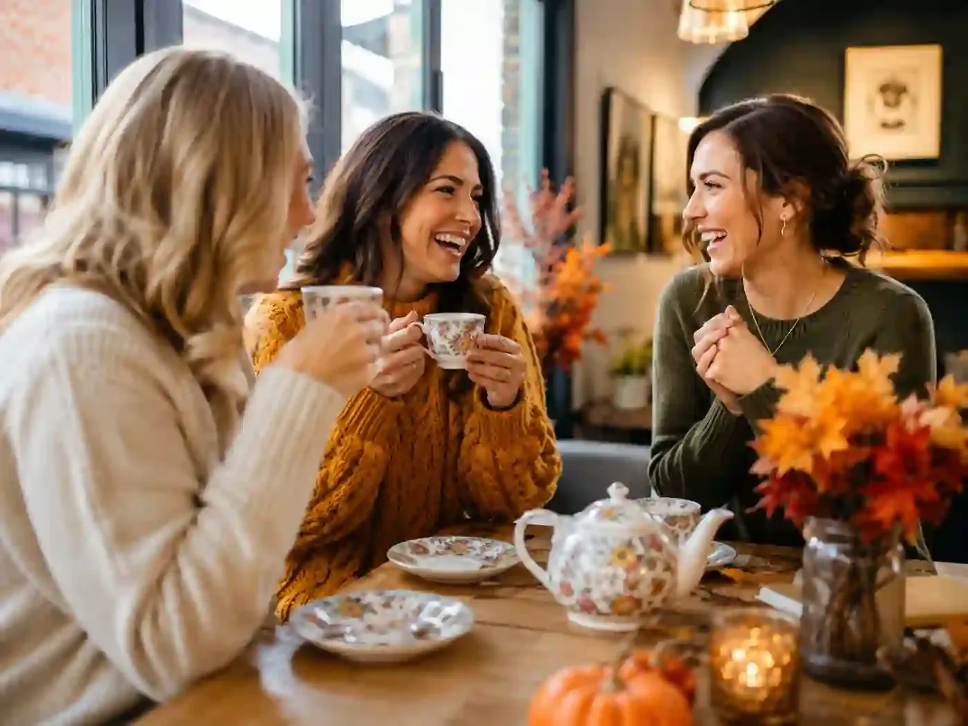 Eine Gruppe von Freundinnen trinkt lachend Tee aus einer floral gemusterten Kanne in einem Café