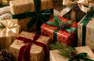 Liebevoll verpackte Weihnachtsgeschenke unter einem geschmückten Weihnachtsbaum