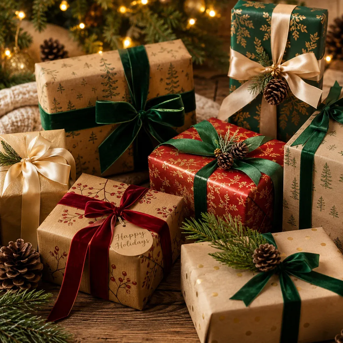 Weihnachtlich verpackte Geschenke unter dem Weihnachtsbaum mit Tannenzweigen und Zapfen