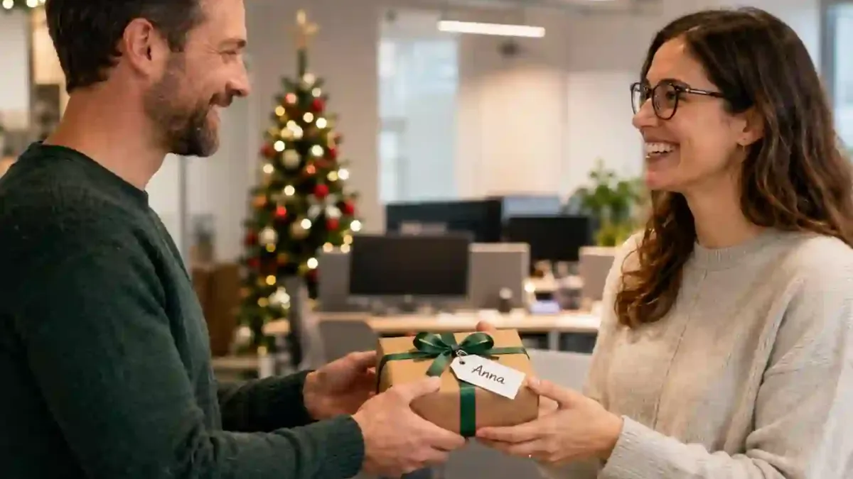 Ein Kollege überreicht einer Kollegin ein Wichtelgeschenk mit dem Namensschild 'Anna' im weihnachtlich dekorierten Büro