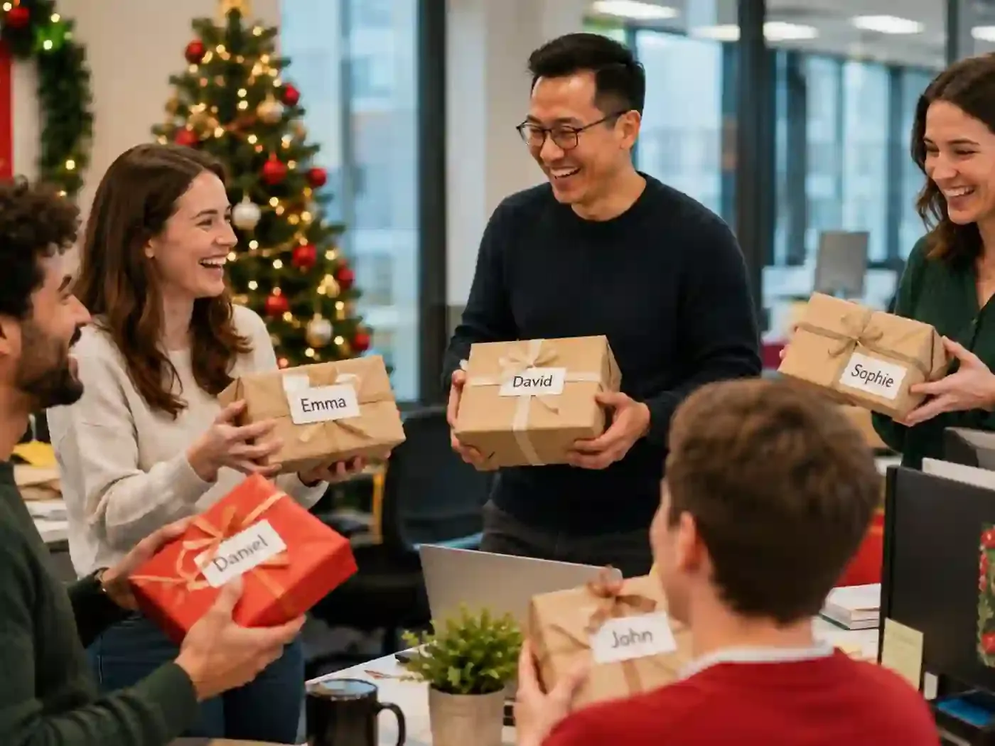 Eine Gruppe von Kolleginnen und Kollegen tauscht lachend Wichtelgeschenke mit Namensschildern aus, im Hintergrund ein Secret-Santa-Poster