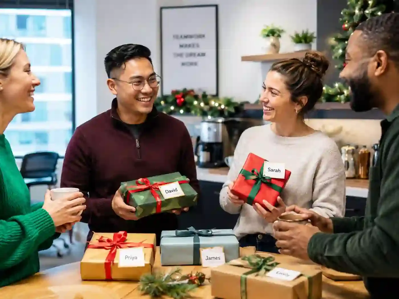 Eine überraschte Kollegin nimmt lächelnd ein Wichtelgeschenk mit ihrem Namen entgegen
